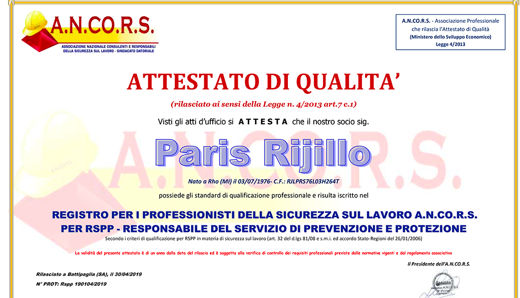 attestato di qualita rspp