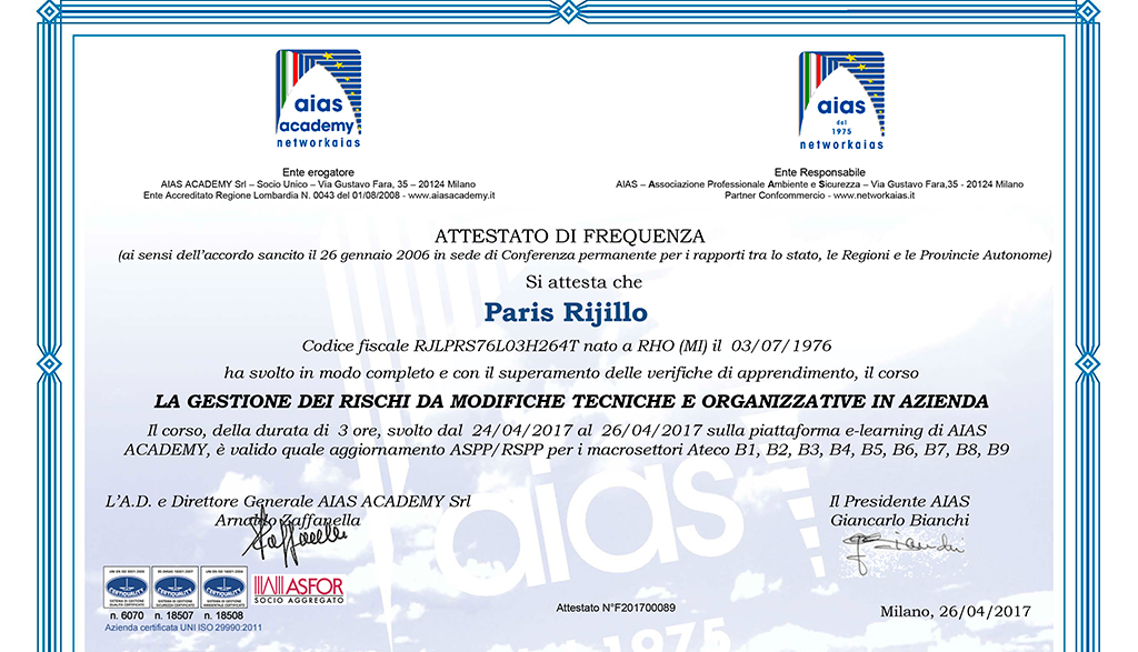 attestato rspp gestione dei rischi