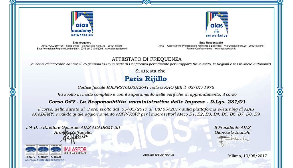 attestato rspp legge 231